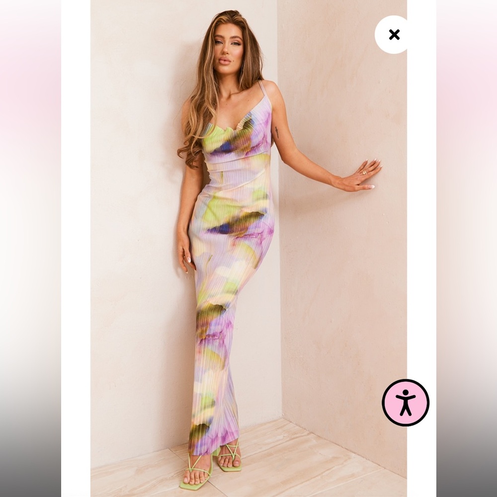 Multi Watercolour Plisse Strappy Maxi Dress